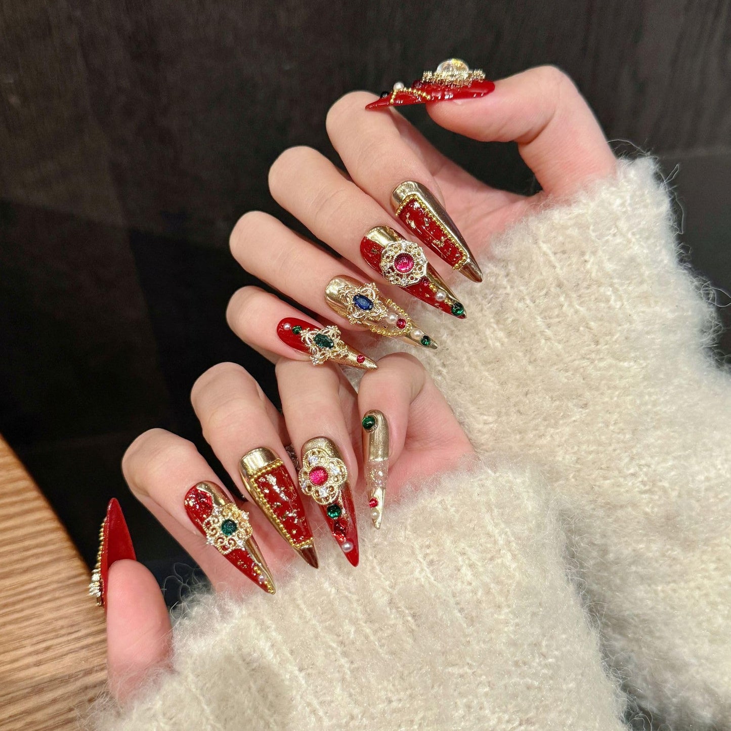 TENPAL Imperial Bridal Press On Nails Long Stiletto,Phoenix Vermeil Ruby Filigree Designs Glue on Nails,Heirloom Cameo False Nails 10Pcs with Tools Kit,Reusable Wedding Fake Nails for Bride Matron(S)