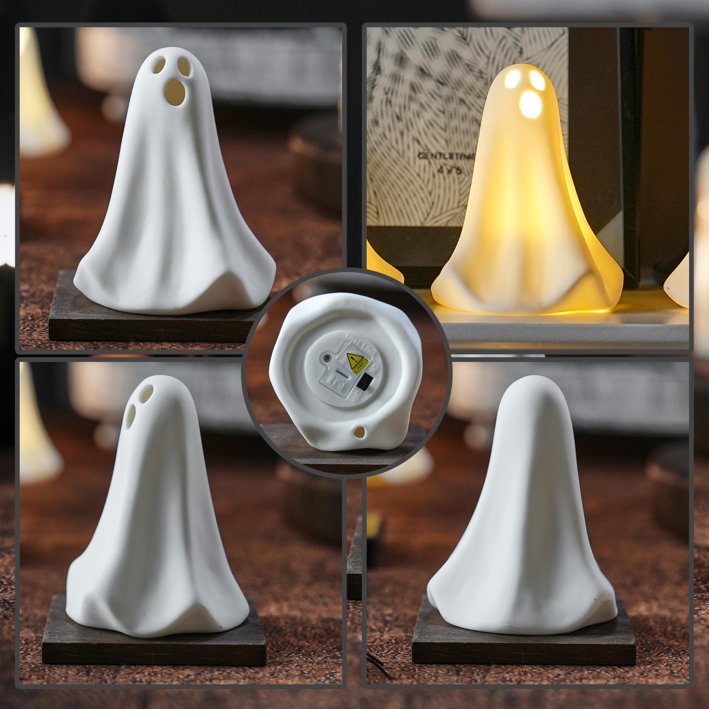 AOMOONOA Ceramic Ghost Decor, 3Pcs Light Up Ghosts for Indoor Halloween Decorations, Battery Powered White Mini Ghost Figurines with LED for Spooky Halloween, Home Tabletop Shelf Centerpieces