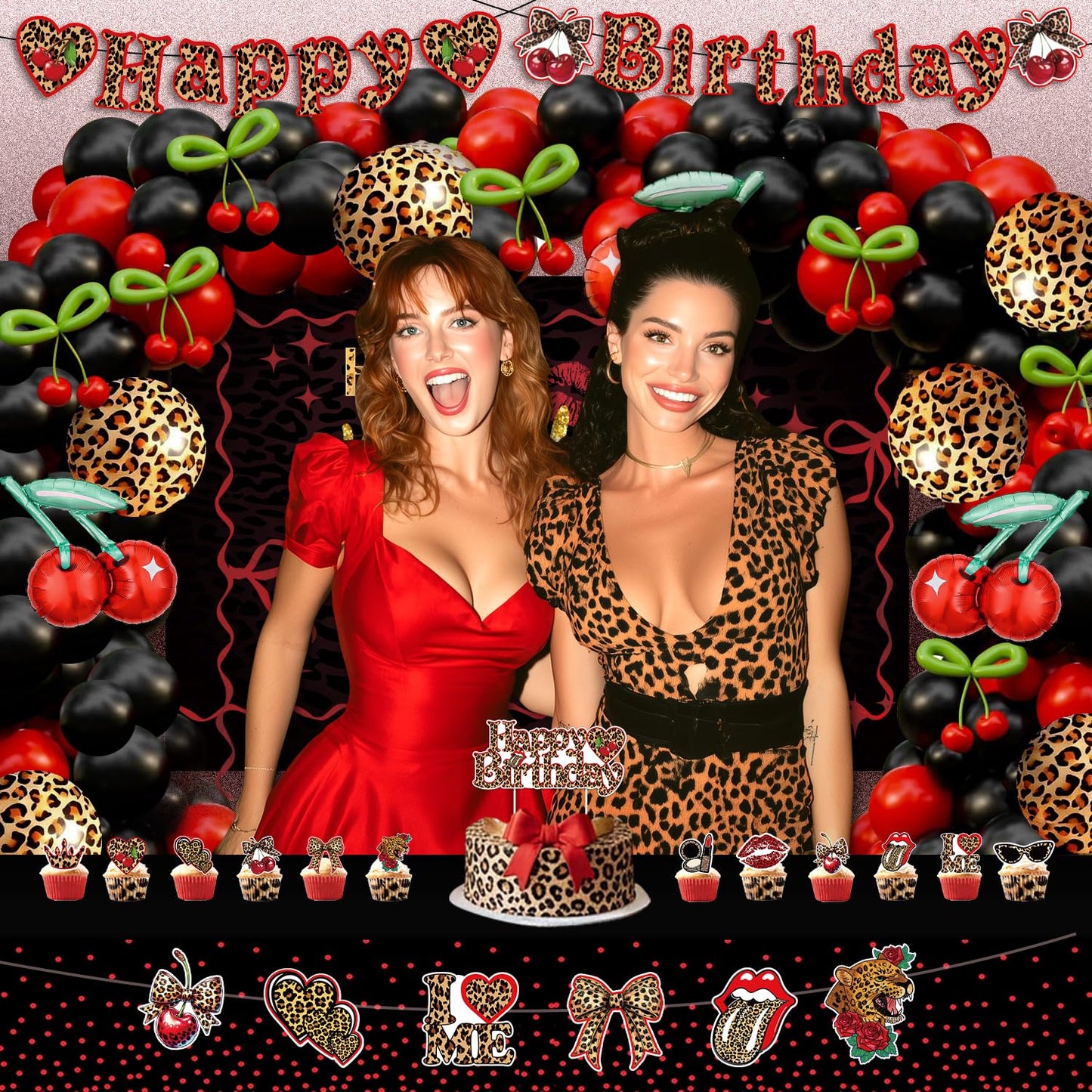 Cheetah and Cherry Birthday Decorations for Women Girls - Red and Black Balloon Arch Kit, Cherry and Cheetah Print Balloons, Tablecloth, Banners, Cake Toppers, Girls Night, Bachelorette Party Decor