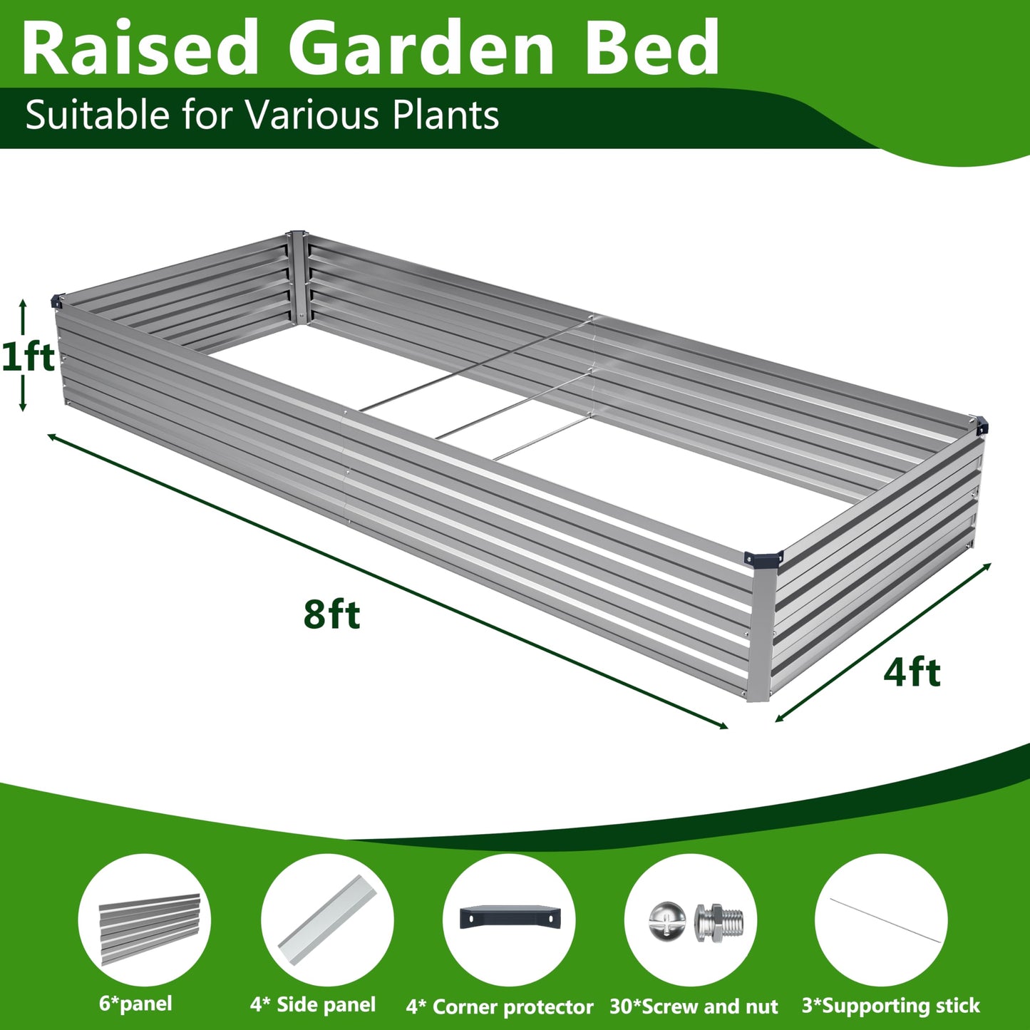 Easllre 2PCS 8x4x1ft Galvanized Raised Garden Bed,Outdoor Planter Box Metal Patio Kit Planting Bed for Vegetables Flowers Herb,Silver