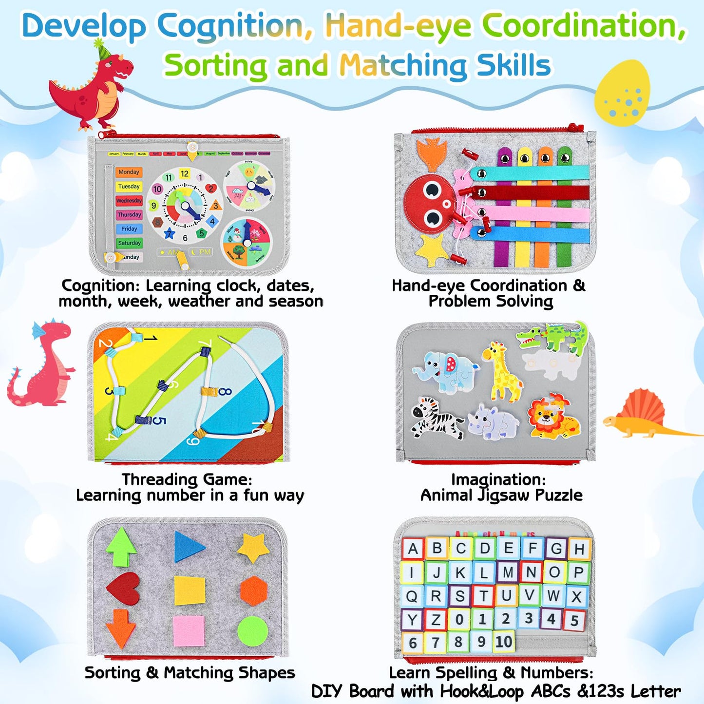 Esjay Montessori Sensory Garden Plush Set and Busy Board, Developmental Learning Toys with Rattle Squeaker Mirror Texture Tissue, Grey Dinosaur