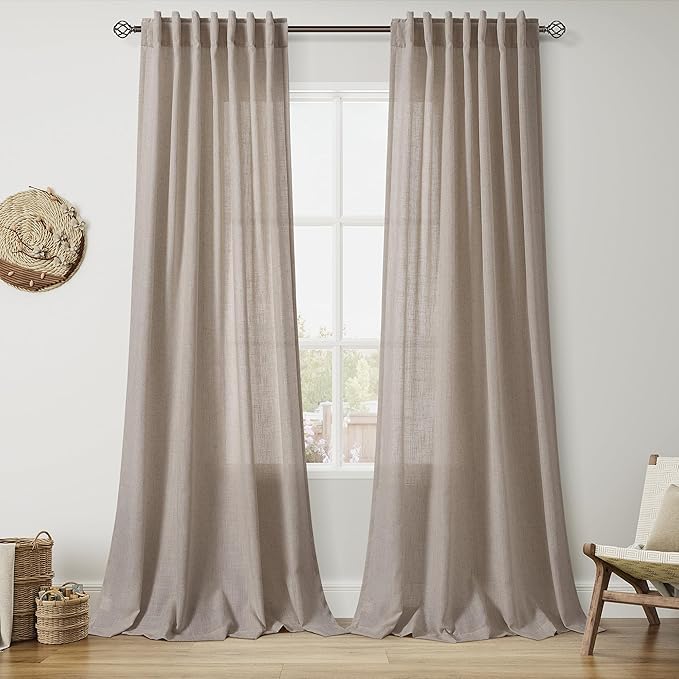 Nanspring Modern Farmhouse Linen Curtains 96 Inches Long for Living Room Cobblestone Light Filtering Semi Sheer Curtain Back Tab and Rod Pocket Coastal Decor Drapes for Bedroom 52x96, 2 Panels