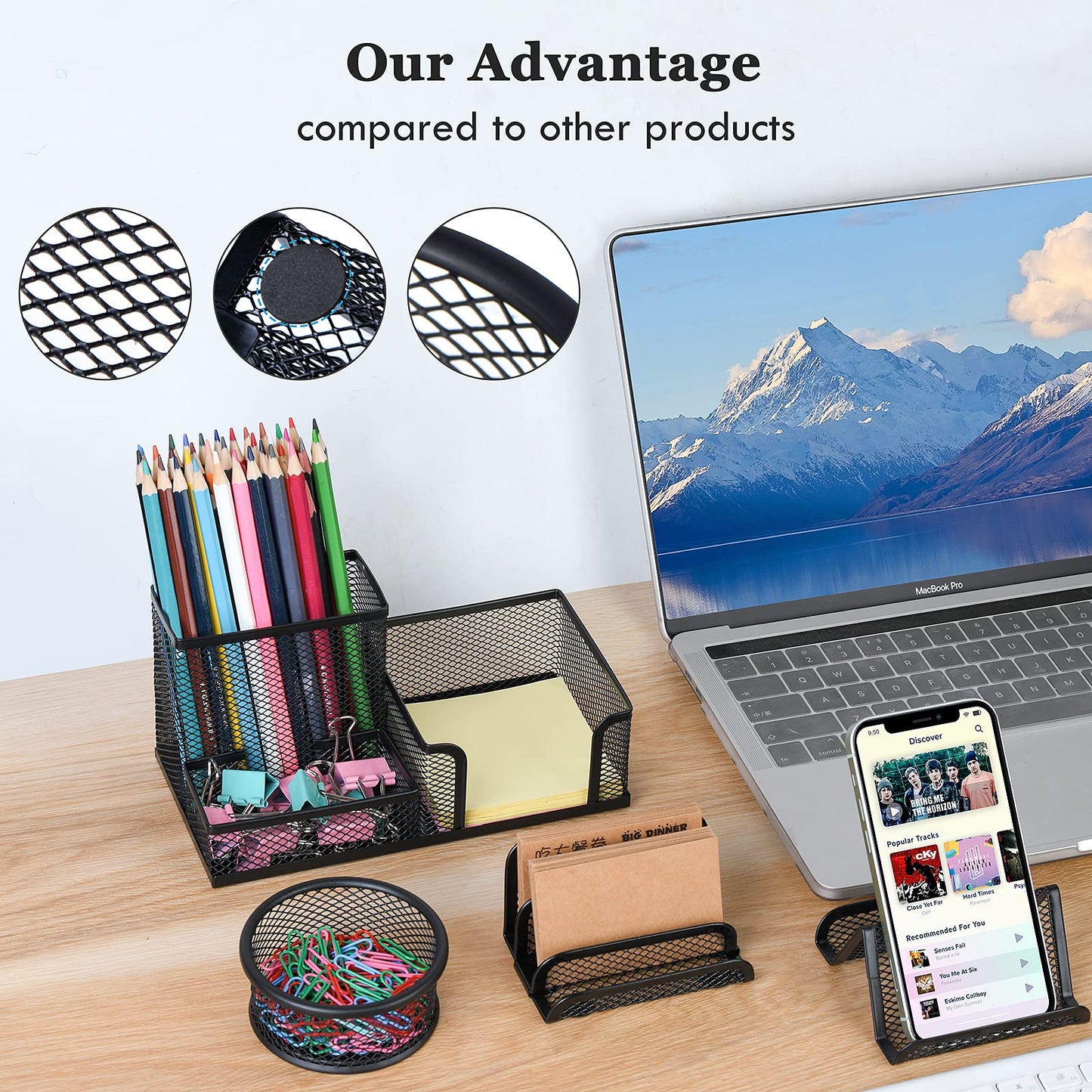 zqanve Desk Organizers set with Mesh Pen Holder Cup, 3 Compartments Black Office Supply Organizer Paper Clips Holder for Office Desk Accessories (6 Piece set, Black)