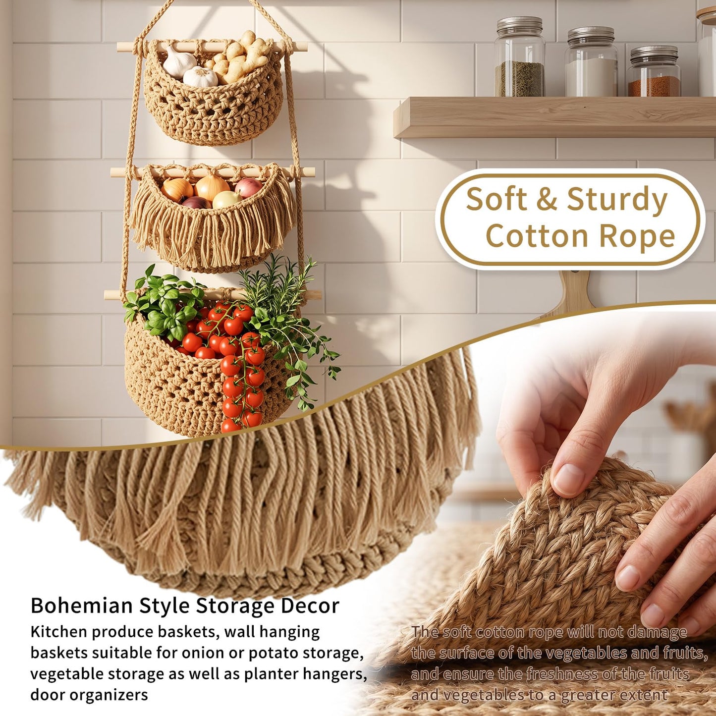 SFSSCDF 3 Tier Hanging Fruit Basket for Kitchen, Macrame Produce Hammock for Potato and Onion Storage, Handwoven Cotton Rope Wall Hanging Vegetable Baskets, Boho Kitchen Decor & Space Saver
