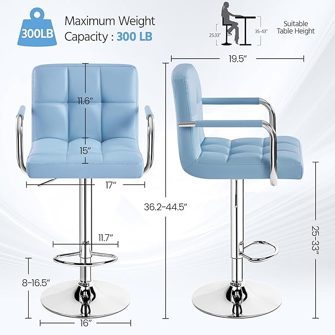 Yaheetech Bar Stools Set of 2, PU Leather Adjustable Swivel Barstools, Hydraulic Kitchen Counter Height Chairs with Armrest and Back for Kitchen, Dining Room, Blue