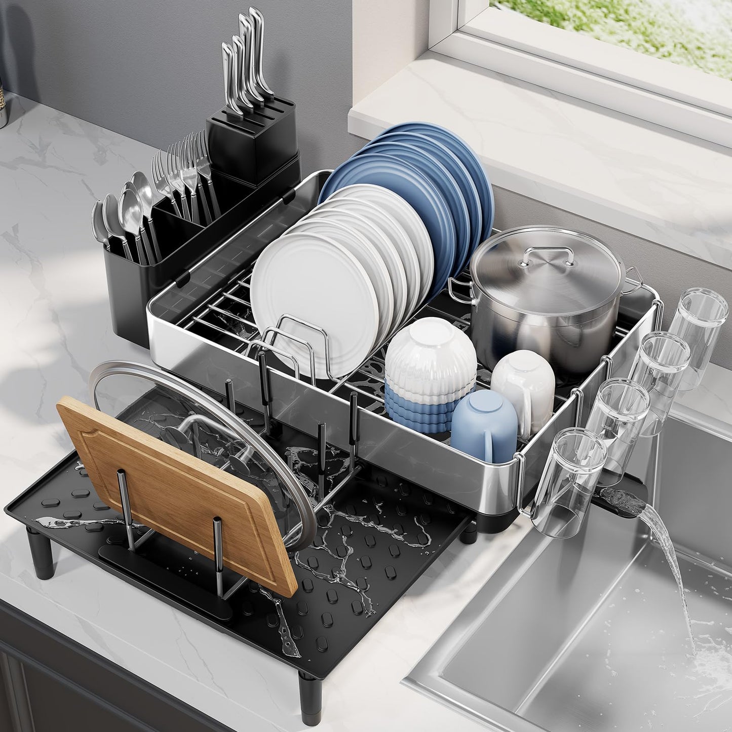 Urackify Dish Drying Rack for Kitchen Counter - Stainless Steel Dish Drainer with Drain Board, Removable Utensil Holder, Rust-Proof Plate, Non-Slip Feet, Large Capacity for 10 Plates 6 Bowls 4 Cups