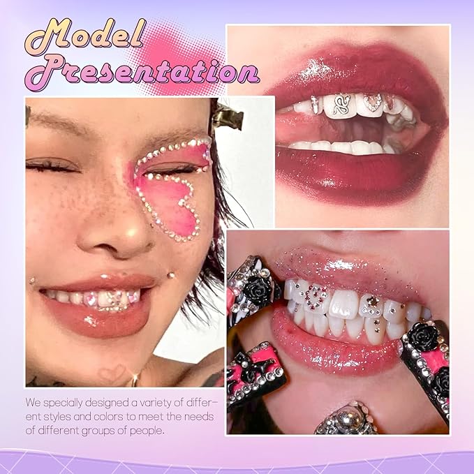 WATRZ Teeth Gem Kit,Tooth Diamonds Gems Kit for Teeth DIY Crystals Tooth Jewelry for Girls DIY Crystal Spider Snake Cross Heart Butterfly Lightning Bolt Pink Purple Black Red for Boys(White)