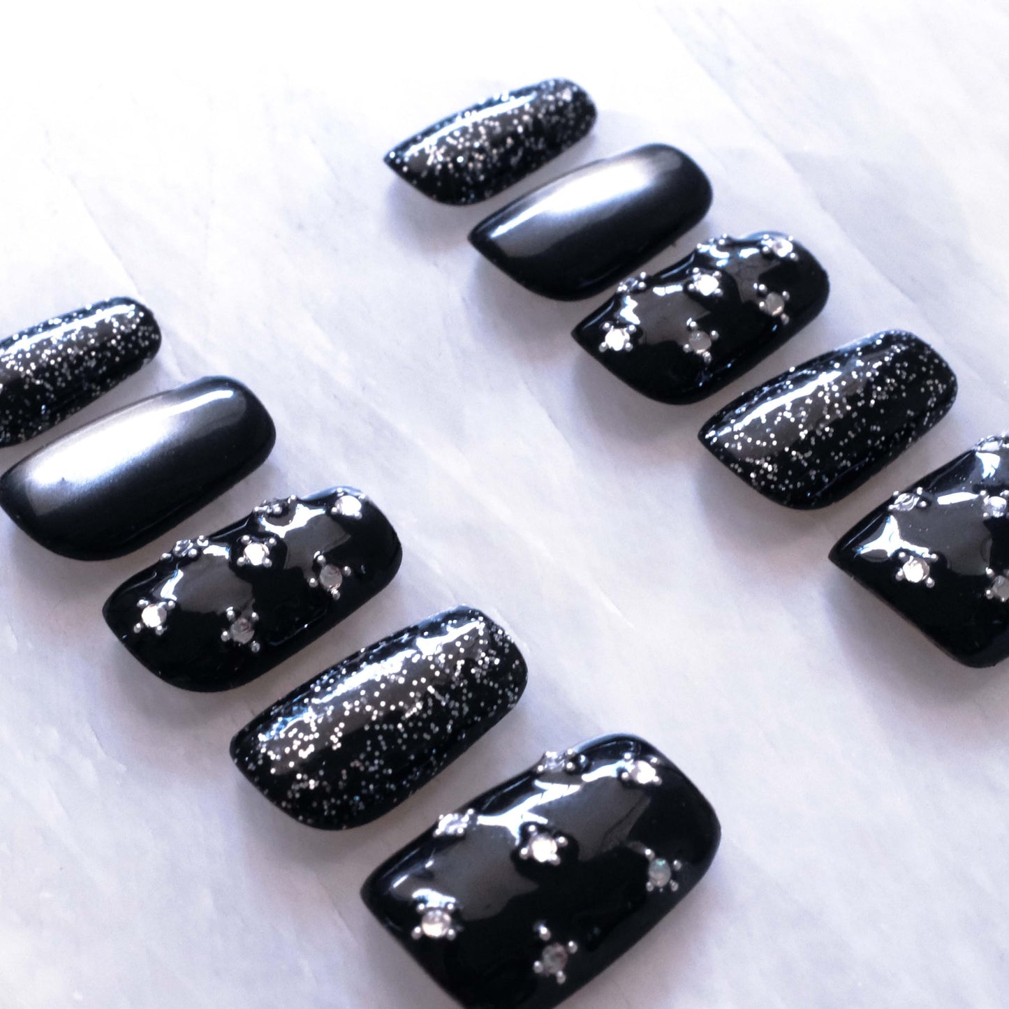 BlackStar - Handmade Press on Nails, Black Starry Sky with Cat Eye, Rhinestone Bling, Medium Ballerina Shape, 10 Pieces (Medium Size, MB)