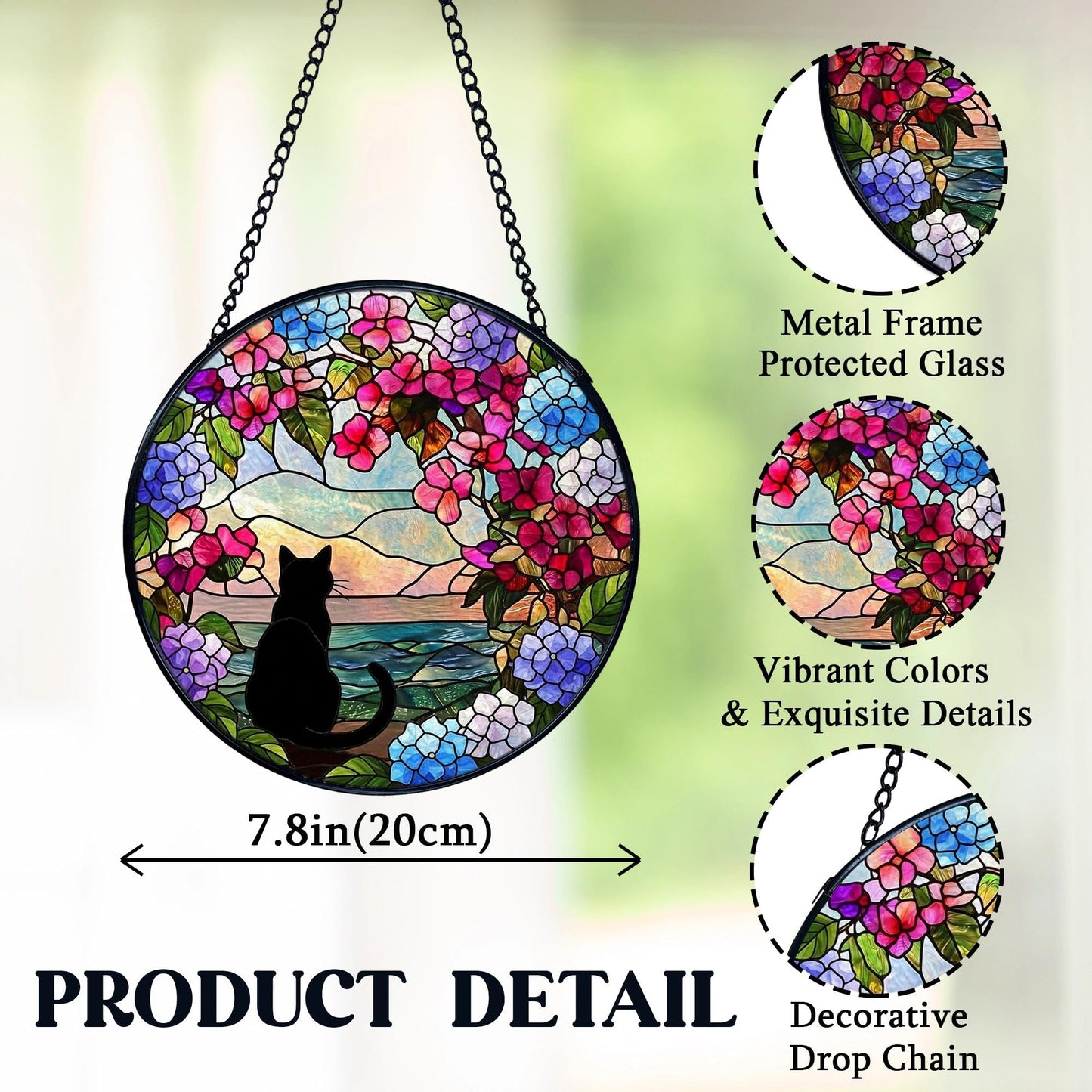 FUGWN Black Cat Hydrangea Flower Stained Glass Window Hanging, Black Cat Sun Catchers Indoor Window Round Glass Wall Art Decor, Cats Floral Suncatcher Wall Hanging Decorations, Lawn Care