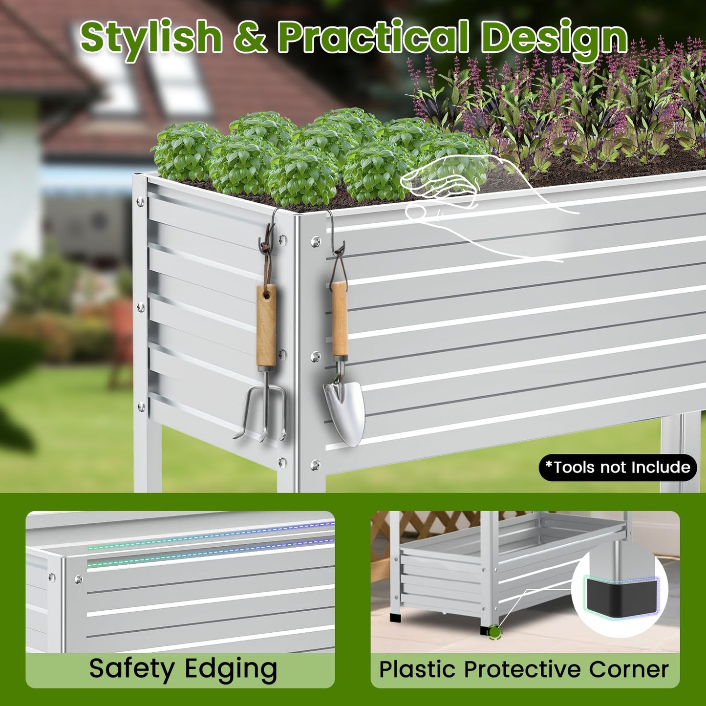 Cybrasc 2-Tier Galvanized Raised Garden Bed with Legs, 36"x16"x36" Metal Elevated Planter Box (12" Top/8" Bottom Depth), 500LB Capacity for Vegetables, Herbs, Leafy Greens, Flowers on Patio Yard