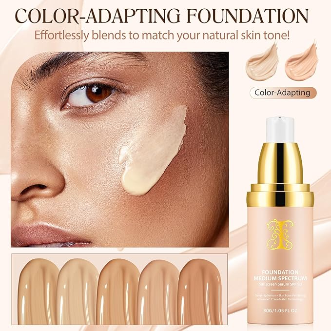 Color Changing Foundation Liquid 4 in 1, Foundation for Older Women, Hydrating Longwearing & Waterproof Concealer, SPF 50+ Foundation Makeup Base Nude Face, Medium Spectrum for all Skin