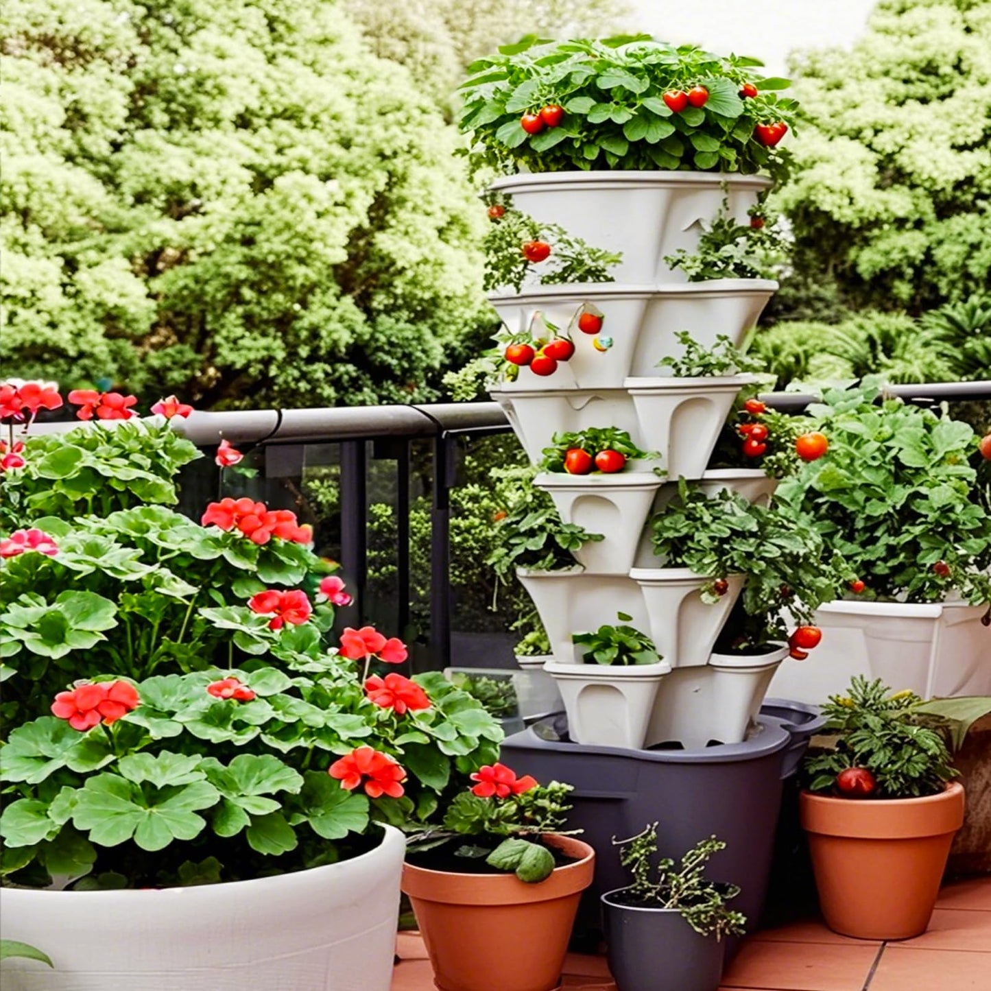 Lykvrii Strawberry Planters, 3 Tiered Vertical Stackable Planter, Herb Stacking Tower Garden, Flower Vegetable Planters with Support Pole, Indoor & Outdoor with Removable Wheels - White