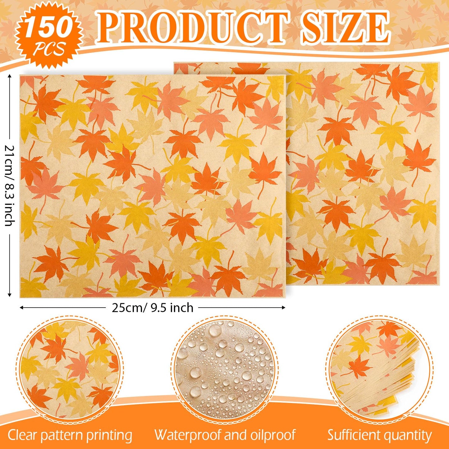 Tenare 150 Pieces Autumn Fall Wax Paper Sheets Food Wrap Grease Resistant Liners Thanksgiving Theme Waterproof Wrapping Tissue Food Picnic Paper for Kitchen(Orange Maple Leaf)