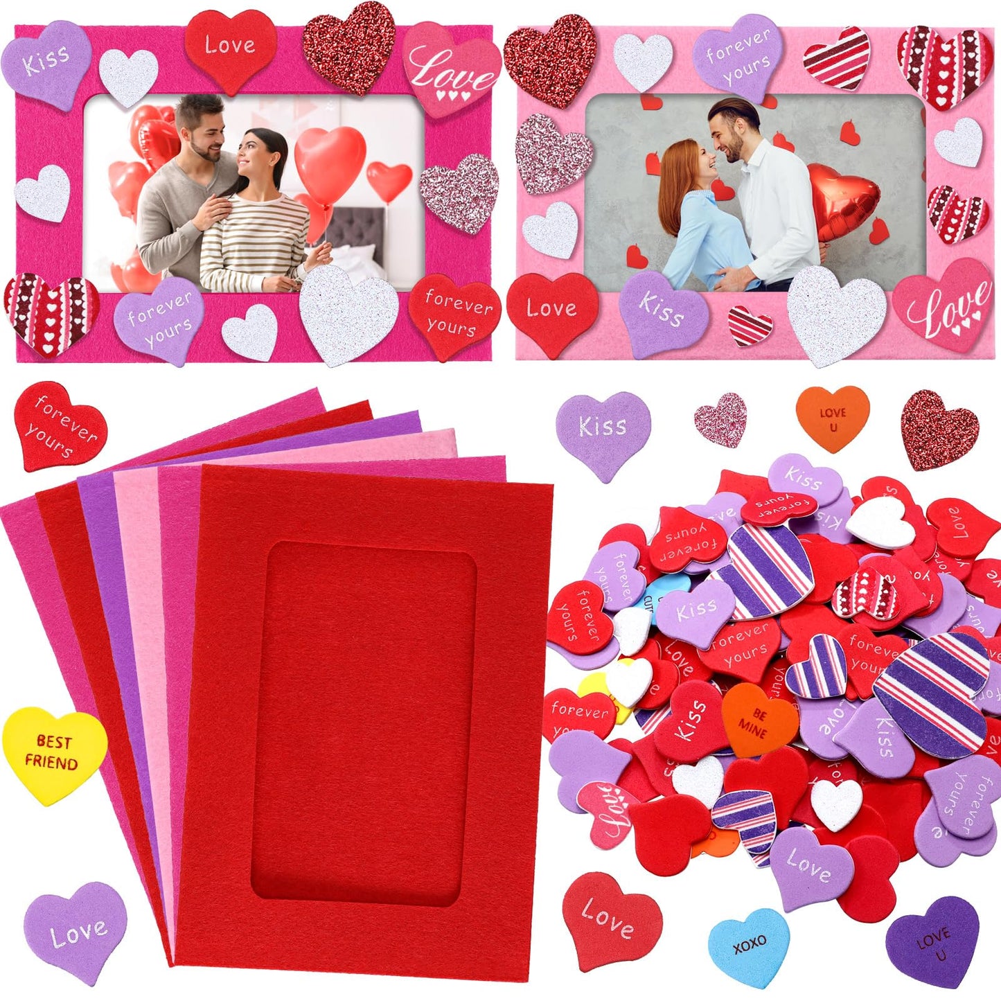 Ferraycle 232 Pieces Valentines DIY Picture Frames Craft Kit 32 Pcs Photo Frames with 200 Pcs Heart Shaped Foam Stickers for Valentine‘s Day, Craft Art, Home Decor(Rectangular Shape)