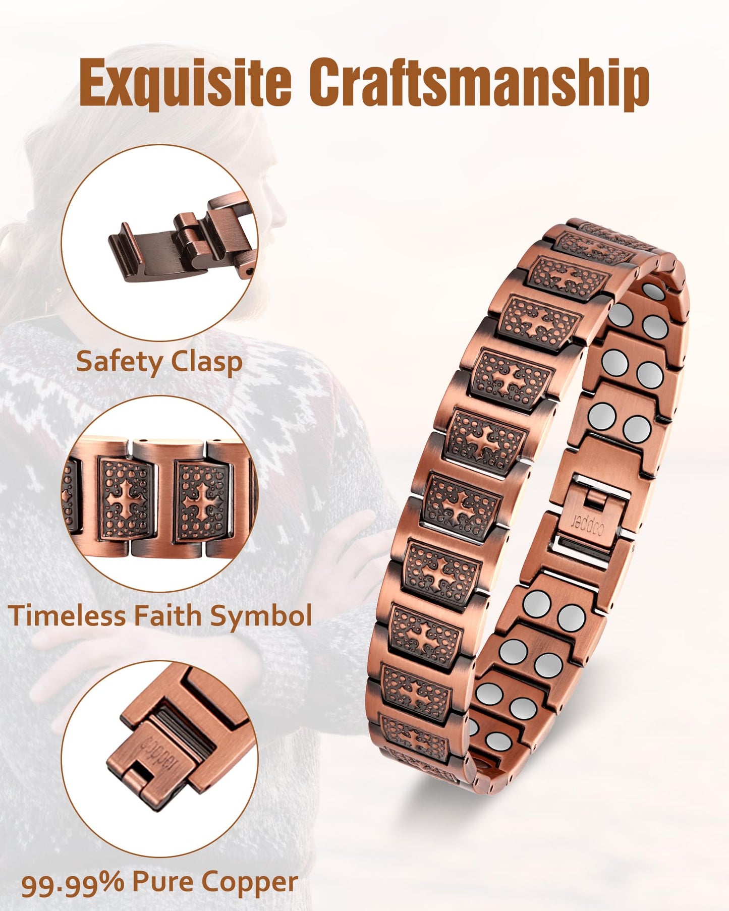 Jecanori 2X Copper Magnetic Bracelet for Men,Ultra Strength Cross Bracelet With Ring Include Adjustable Link, Jewelry Gift