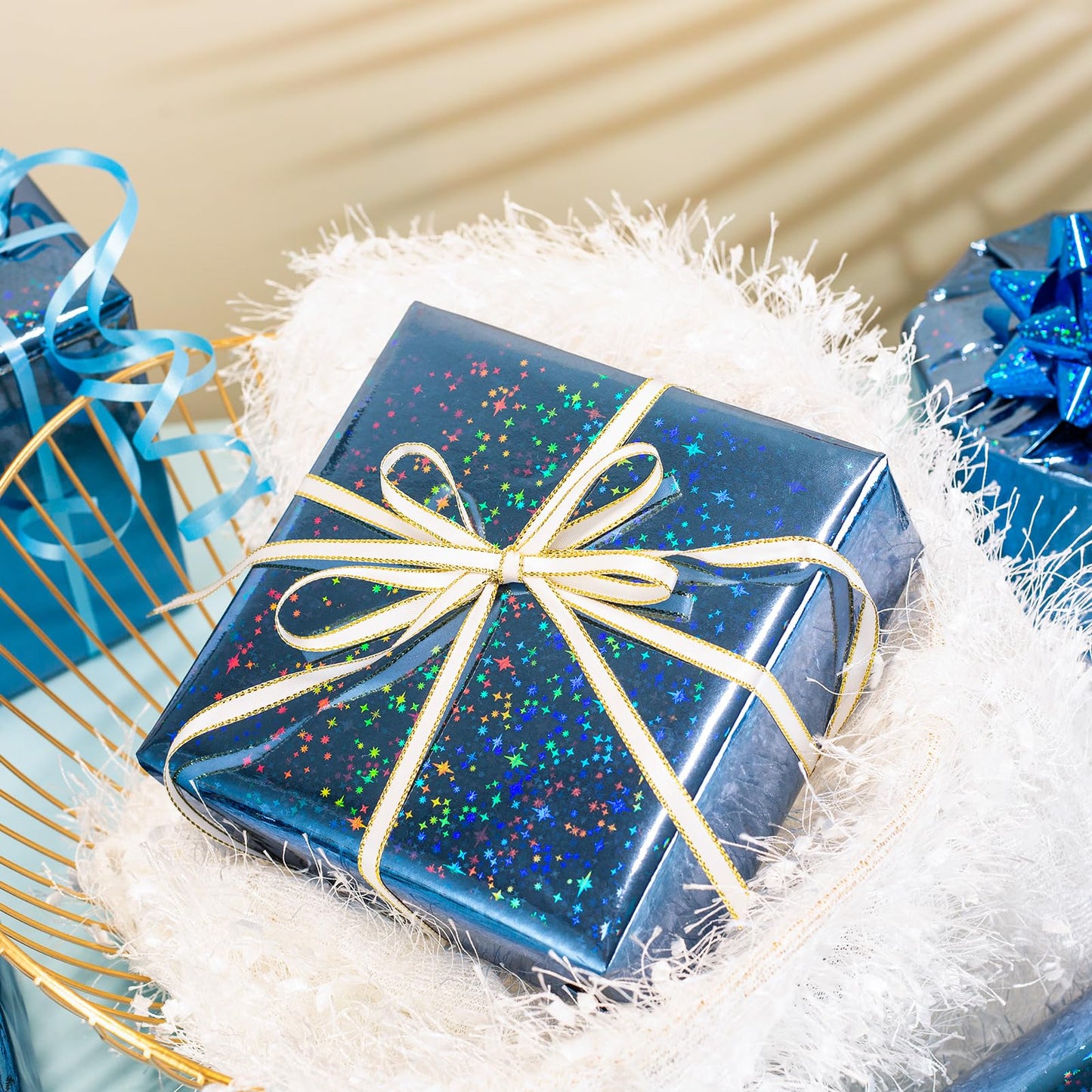 Flyhill Blue Holographic Wrapping Paper Roll, Metallic Holographic Shinning Galaxy Star Gift Wrap for Father‘s Day,Wedding,Birthday - Mini Roll 17inch*32.8ft