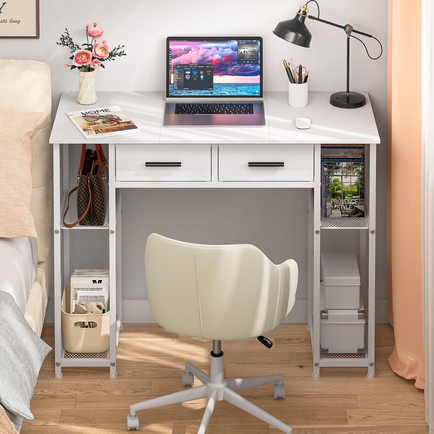 DAOUTIME White Computer Desk with Drawers, 37.3 Inch Home Office Work Desk with Storage Shelf, Kids Teens Study Table for Small Space, Small Writing PC Table for Bedroom Makeup Vanity Desk