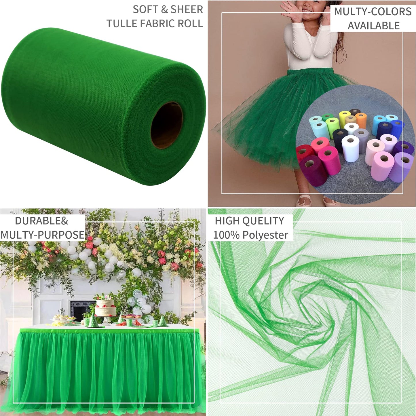 Emerald Green Tulle Fabric Rolls 6 Inch by 200 Yards (600 feet) Fabric Spool Tulle Ribbon for DIY Green Tutu Christmas Gift Wrapping Baby Shower Birthday Party Wedding Decorations Craft Supplies