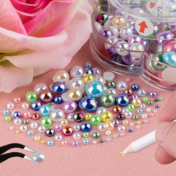 Nail Art Flat Back Half Round Pearl Kits 37, 1 Box of 6000 Pcs Flat-Back Colorful AB with Tweezer and Picker Pencil for Home DIY Nails Body Face Craft and Salon Use