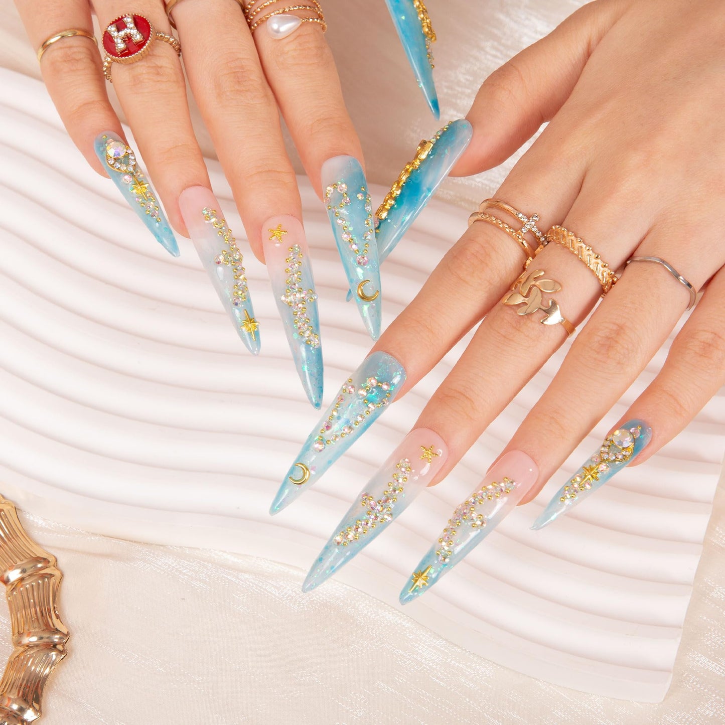 LOVFUL Press on Nails Pisces Blue French Tip | Handmade with Full Covered Crystals | Reusable Full Cover Nails | Stiletto Long 2.2 in | H157-M