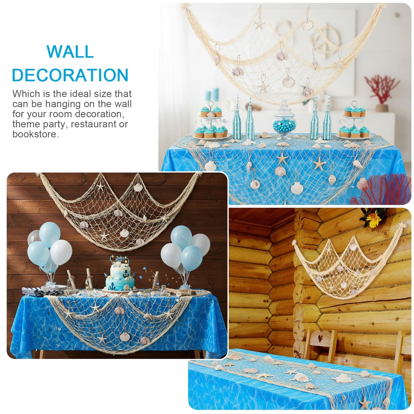 Breling 18 Pcs Fishing Net Decorative and Ocean Waves Tablecloth Set Cotton Fishing Net with Shells Starfish Conch Shells for Nautical Pirate Mermaid Sea Party Wall Decor(Beige)