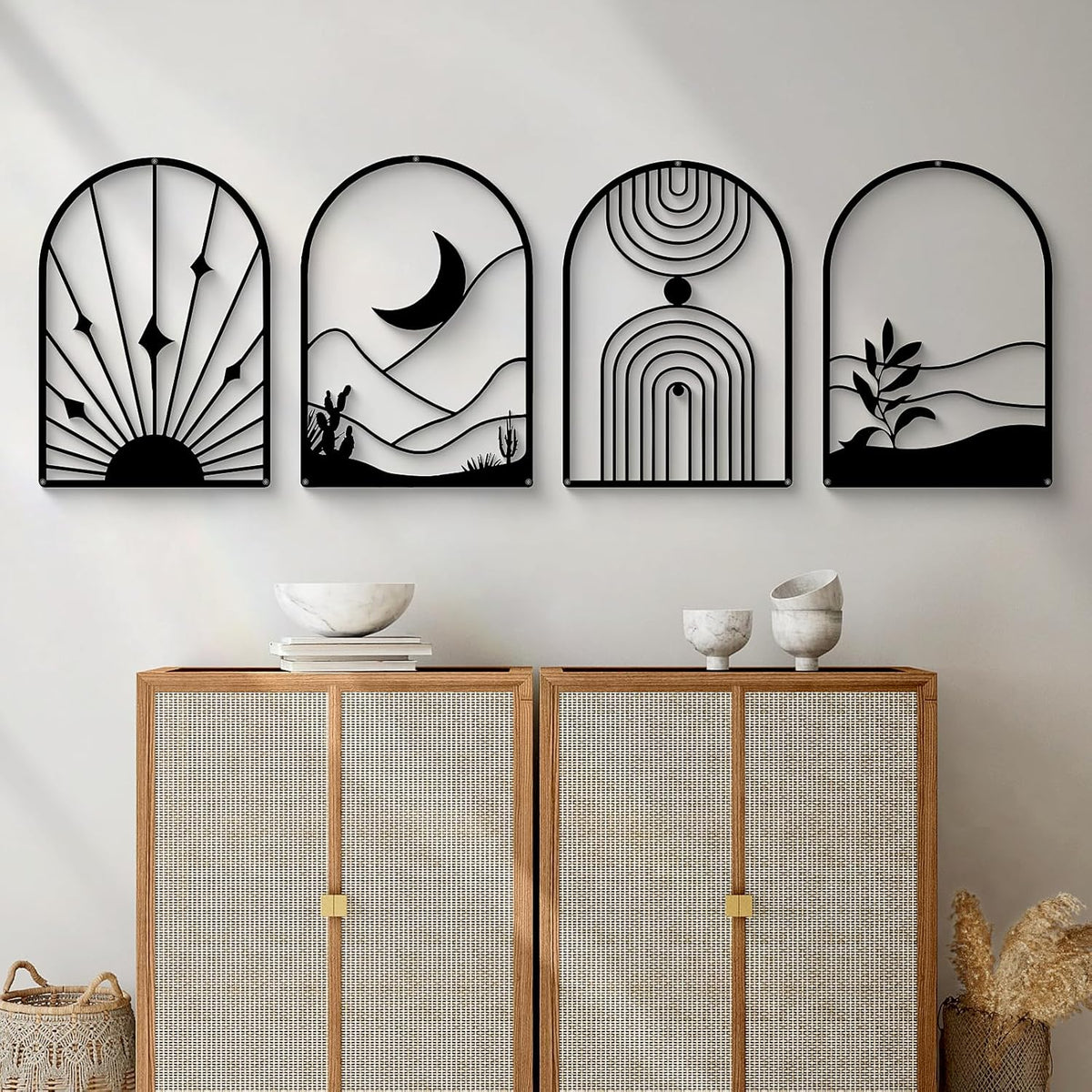 Glamativity 4 Pack Black Abstract Metal Wall Art, Minimalist Décor Single Line Art Wall Décor, 3D Textured Metal Wall Sculptures, for Living Room Bedroom Bathroom Study Room (Black Boho, M Size 17 x 12'')