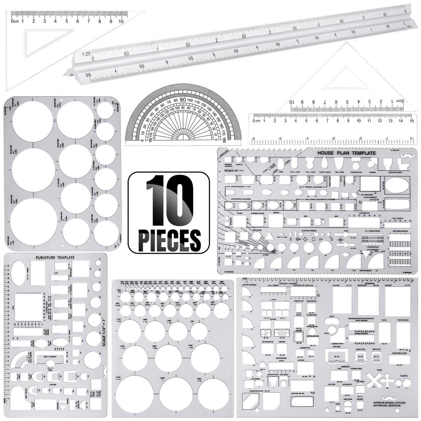 Zonon 10 Pcs Plastic Drawing Template Ruler Geometric Drawing 12 Inch Triangular Aluminum Architect Scale Measuring Templates Building Geometric Kit Plastic Ruler for Drafting (Classic,Clear)