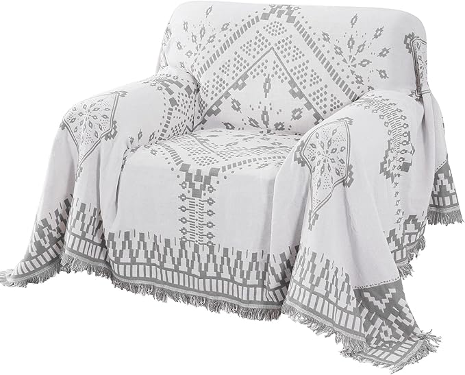 H.VERSAILTEX Reversible Sofa Cover Couch Cover for Dog Sofa Slipcover for Most Shape Sofa Furniture Protector with Tassels Sectional Couch Cover (Medium: 71" x 91", Dove Grey/White)