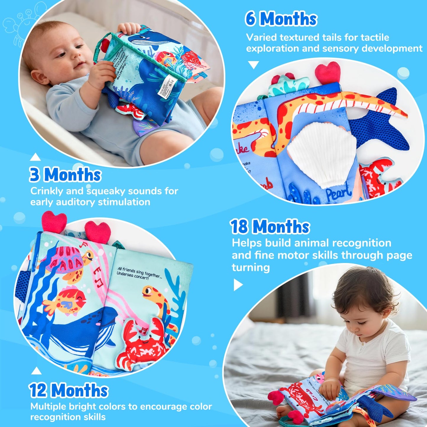 JoyCat Baby Books 0-6-12 Months - Ocean Tummy Time Toys Mirror - Montessori Sensory Activity Cloth Book with 3D Crab & Fish - Newborn Easter Basket Stuffers