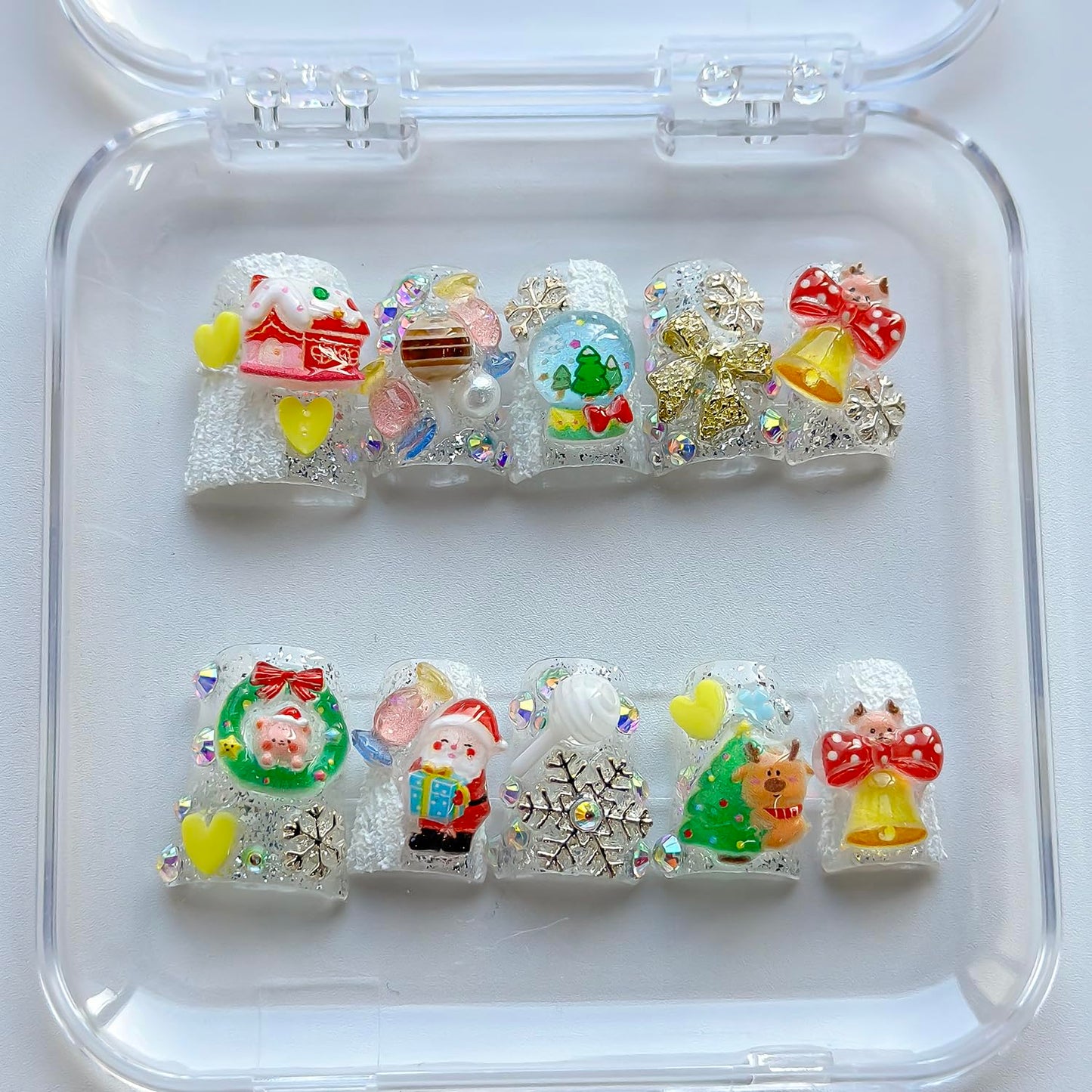 Christmas Luxury Press on Nails Short Duck Handmade 3D Unique Reusable ABS Material Fake Nails Cute False Nails with Santa Reindeer Tree Snowflake Bow Glossy Glue on Nail Thick Acrylic Nail(M)