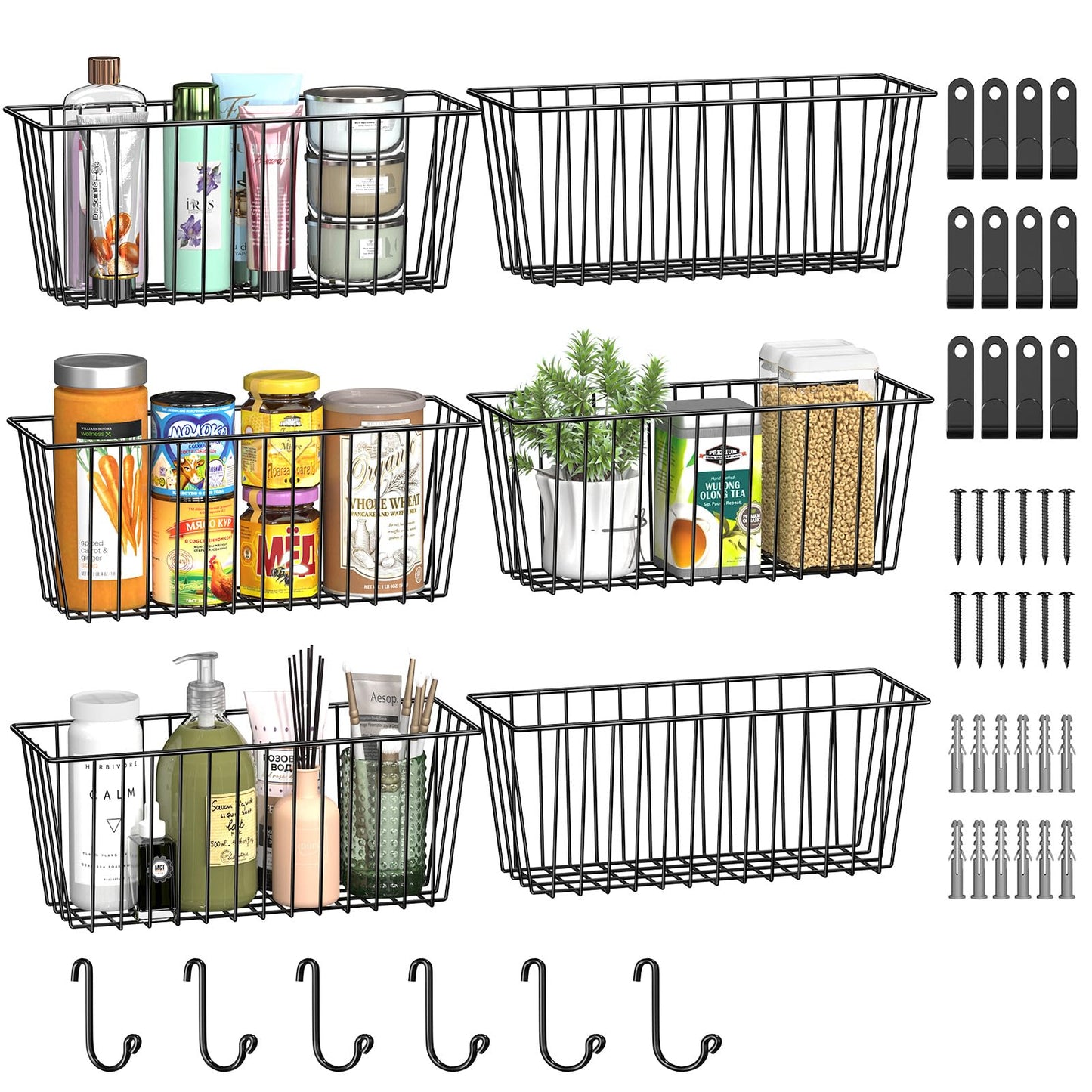 Simple Trending 6 Pack Wire Basket Wall Mount Baskets Hanging Baskets, Cabinets Organizer and Storage with Hooks for Kitchen, Garage and Bathroom