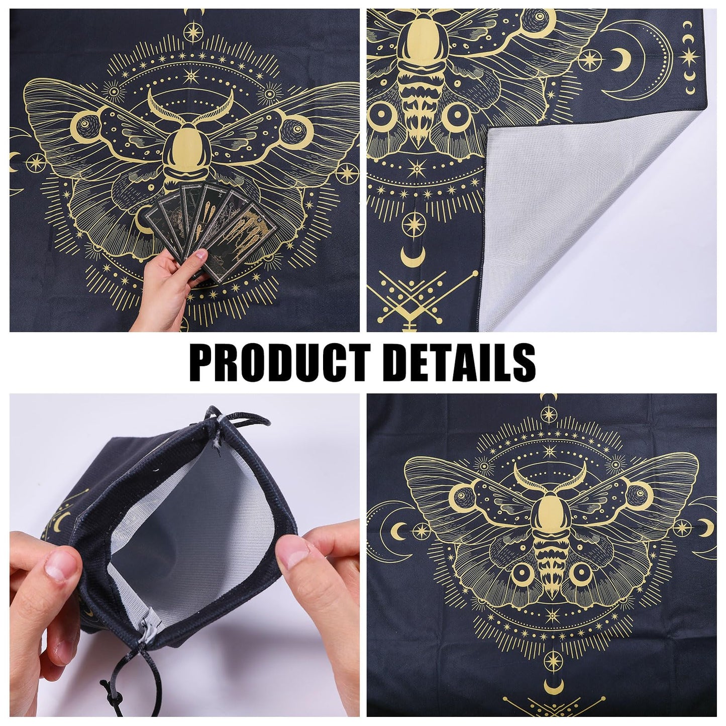 GLOBLELAND 30" Golden Moth Divination Tarot Cloth and Cards Bag Insect Moons Thick Velvet Fabric Tablecloth Mat with Classic Tarot Card Storage Pouch for Wiccan Room Beginner