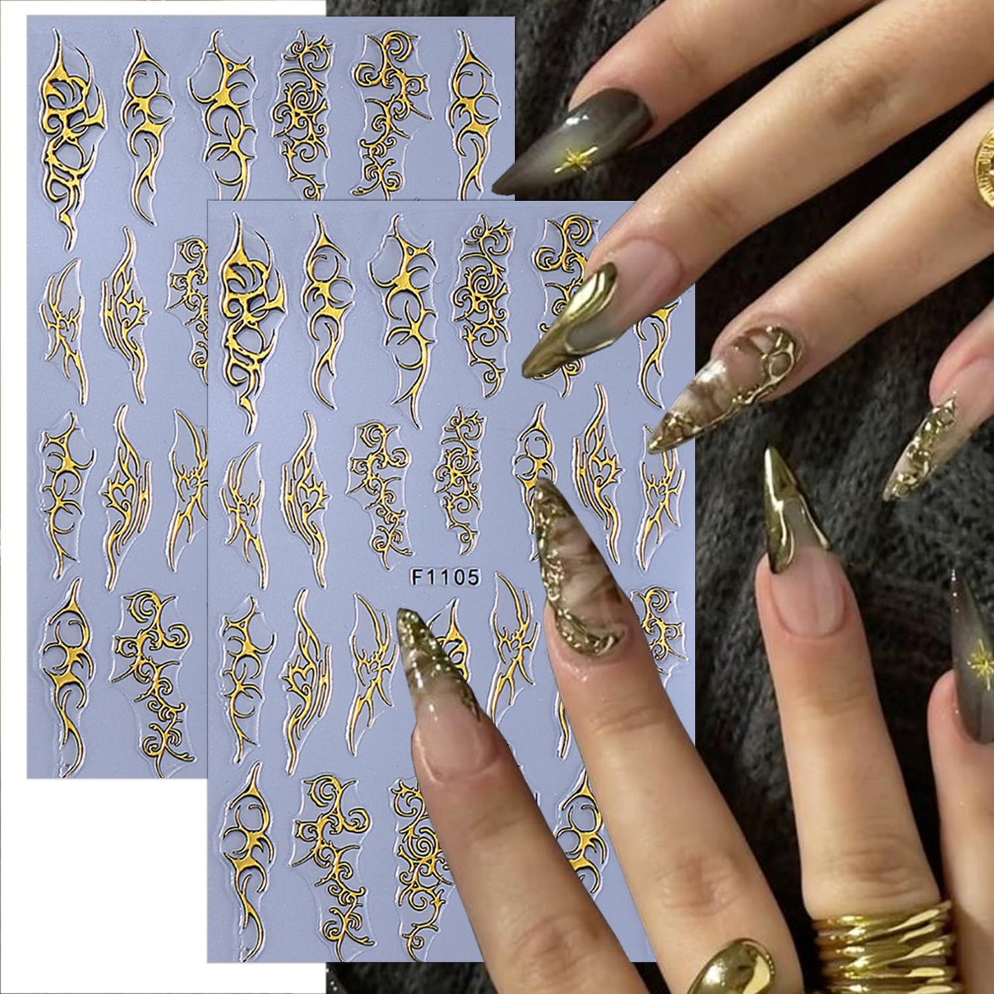 8 Sheets Goth Nail Stickers for Nail Art 3D Punk Style Black Belt Nail Art Stickers Gold Silver Flame Lines Nail Decals Self-Adhesive Centipede Pattern Irregular Geometric Lines Nail Design for Women