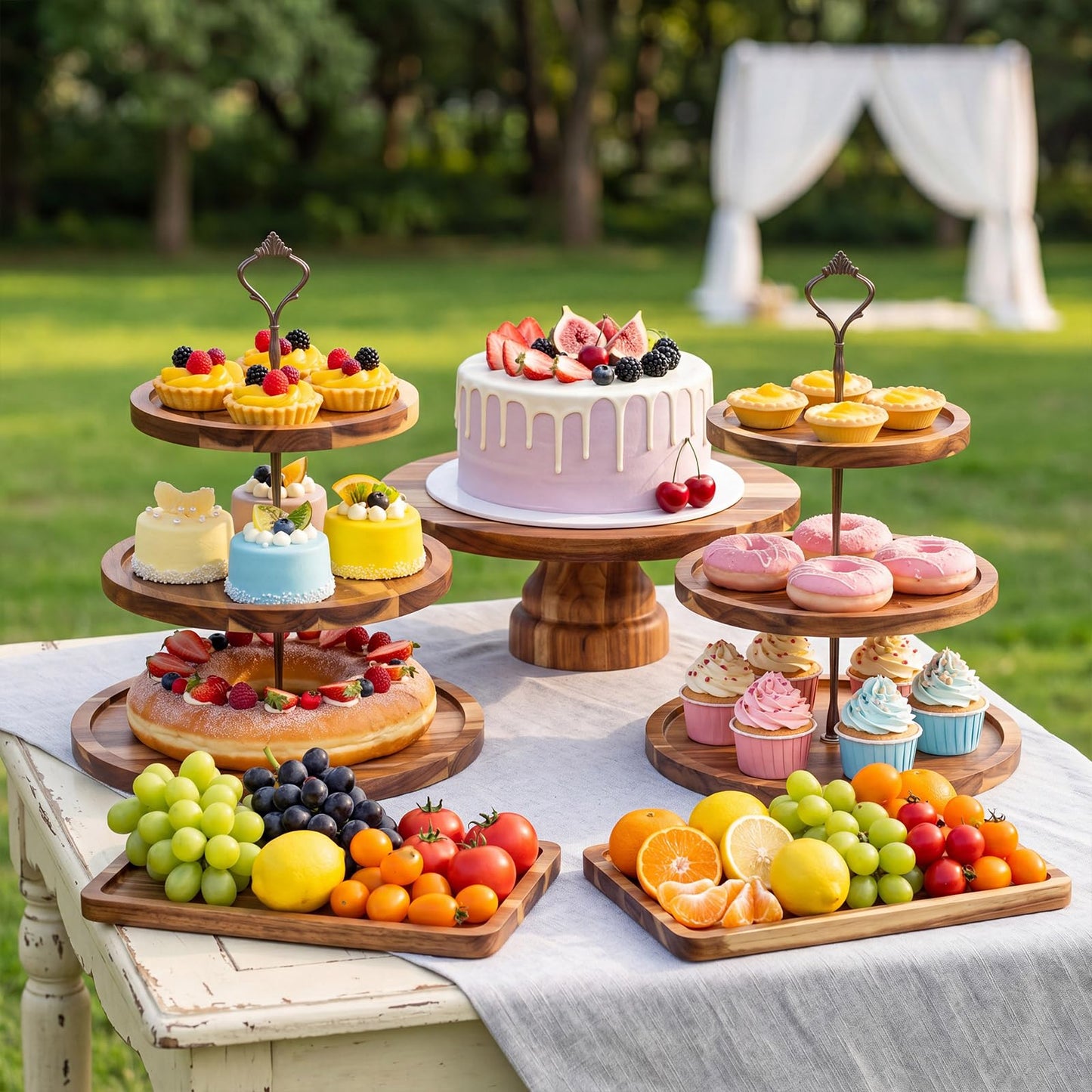 RattanView 7 Pcs Wood Dessert Table Display Set Wooden 3 Tie Cupcake Stands Rustic Round Cake Stand Wood Dessert Serving Trays for Wedding Baby Shower Birthday Tea Party(Brown)