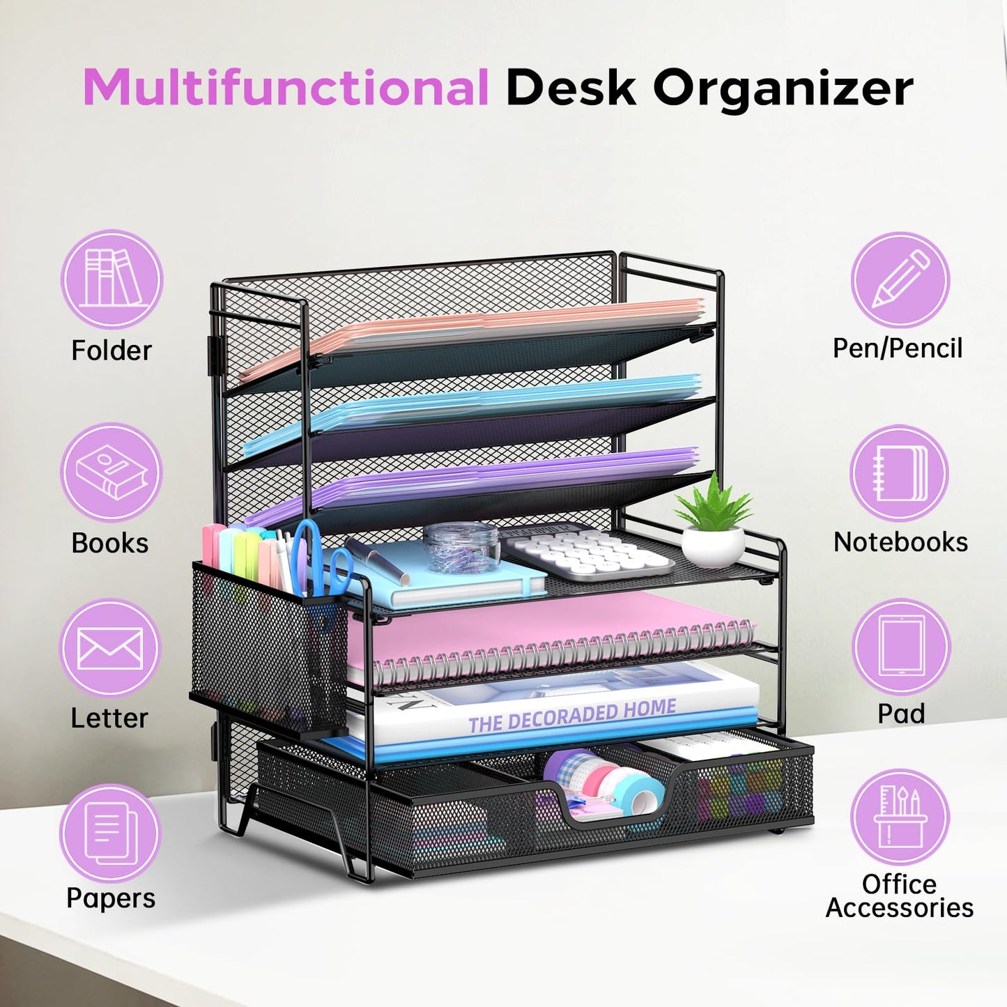 SUPEASY 7 Tier Desk Organizer with Drawer & Pen Holder, Heavy Duty Metal Letter Tray Paper File Organizer for Home Office School Classroom, Black