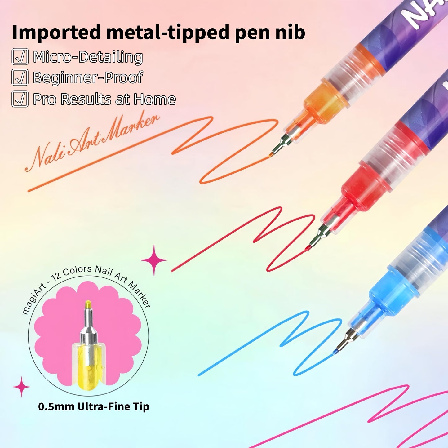 Nail Art Pens Set 12Colors, 0.5mm Fine Tip 3D Acrylic Polish Pen, Waterproof Quick-Drying Dotting Graffiti Drawing Liner Brush, DIY Nail Art Design Manicure Tools for Beginners Women Home Salon Use