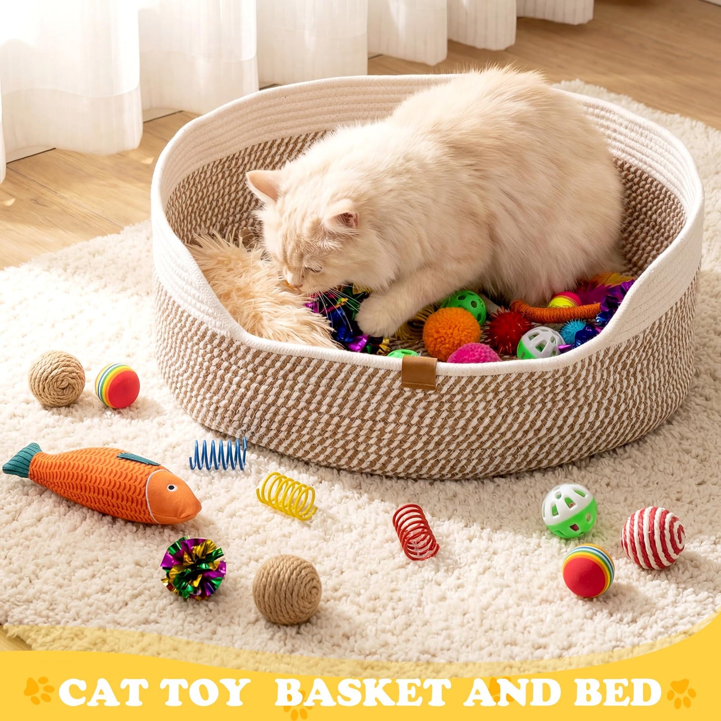 Leitee Mother's Day Cat Bed Storage Basket with 40 Pcs Cat Variety Toys Pack Set Includes Pillows, Spring Toy, Fish, Chew Rope and Balls for Kitten Kitty Swat Hunt Interactive Pet(White,Yellow)