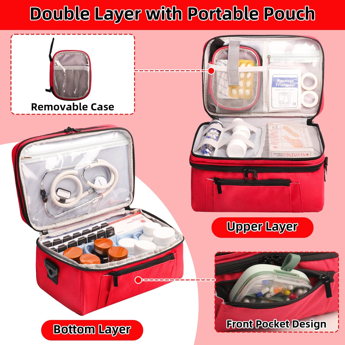 Tesuko Medicine Bag for Traveling with Portable Small Pouch, Double Layer Pill Bottle Organizer Storage Case with Lockable Zippers, Carrying Medication Travel Case with Shoulder Strap (Bag ONLY), Red
