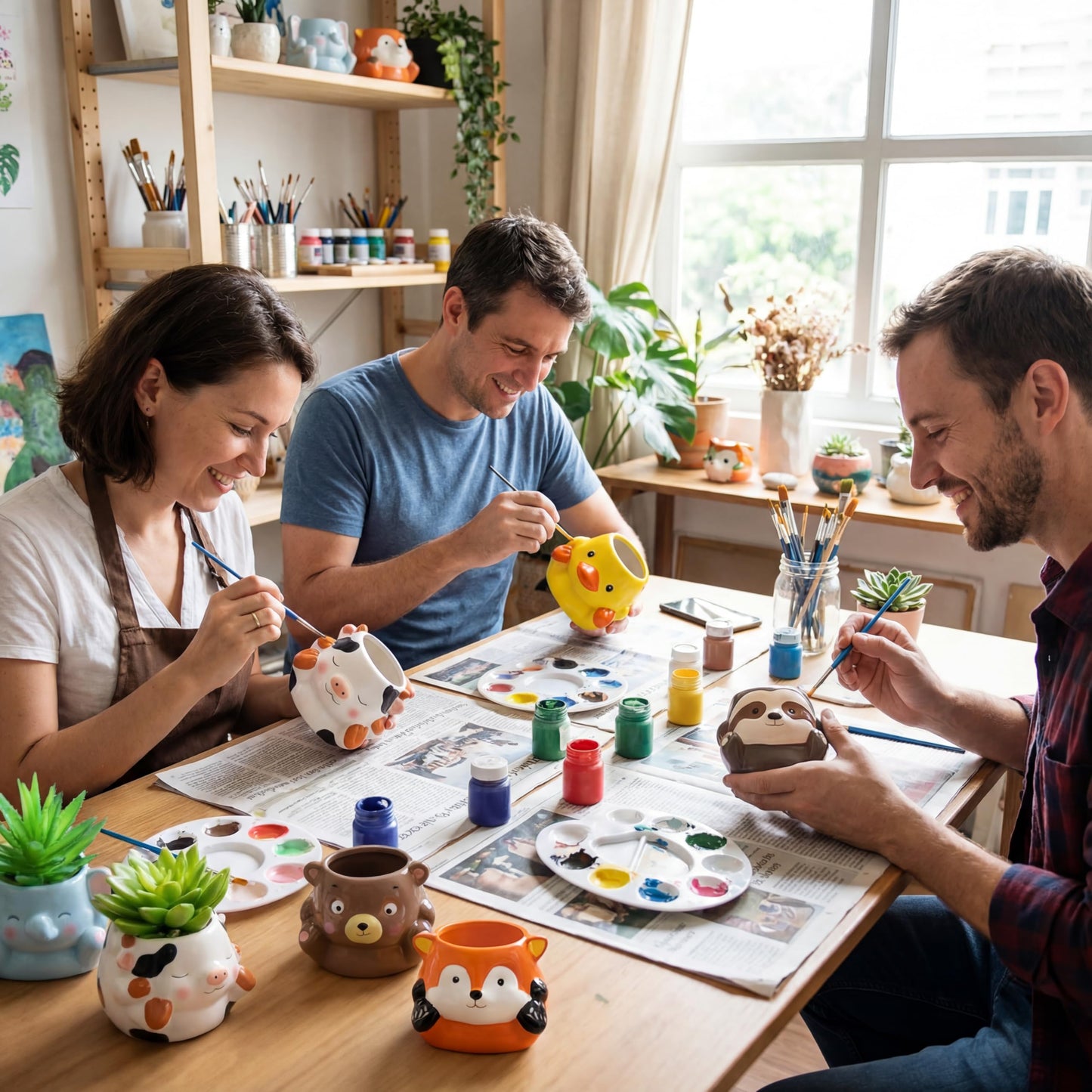 Chuangdi 12 Sets Ceramics to Paint 6 Style DIY Ceramic Succulent Planter Pots Unpainted Bisque Flower Pots Paintable Craft with Drainage Hole, Paints, Brushes, Palettes(Lovely Style)