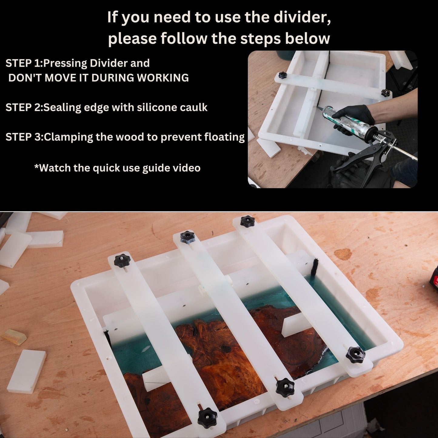Kalinta Epoxy Mold with Divider Adjustable - 19x11x3 in No-Seal Large Resin Mold Integrated Clamping System - Perfect for Beginners & Experienced Artists Alike - Ideal for Creative Resin Art Projects