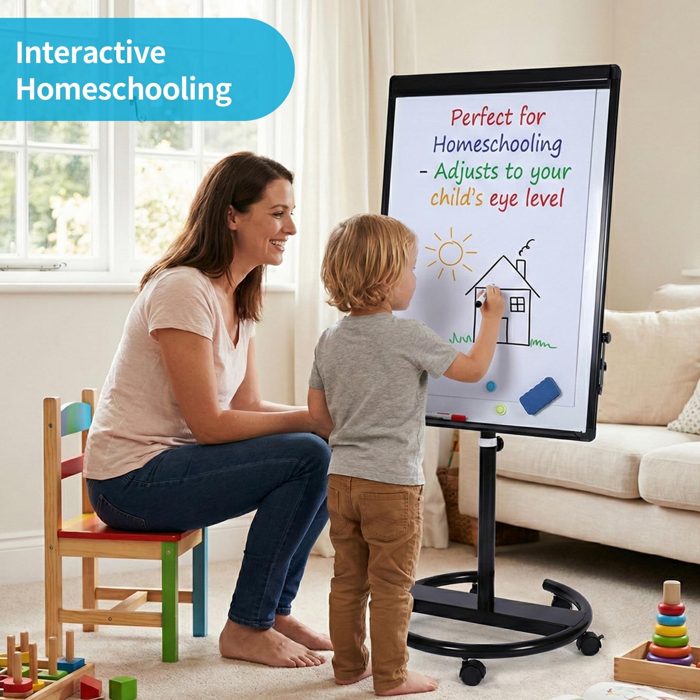 DexBoard 40 X 28 Inch Mobile Magnetic Whiteboard on Wheels, Rolling Dry Erase Board Easel on Height Adjustable Stand with Flipchart Paper Pad (25 Sheets) for Class Teaching, Office Meeting & Workshops