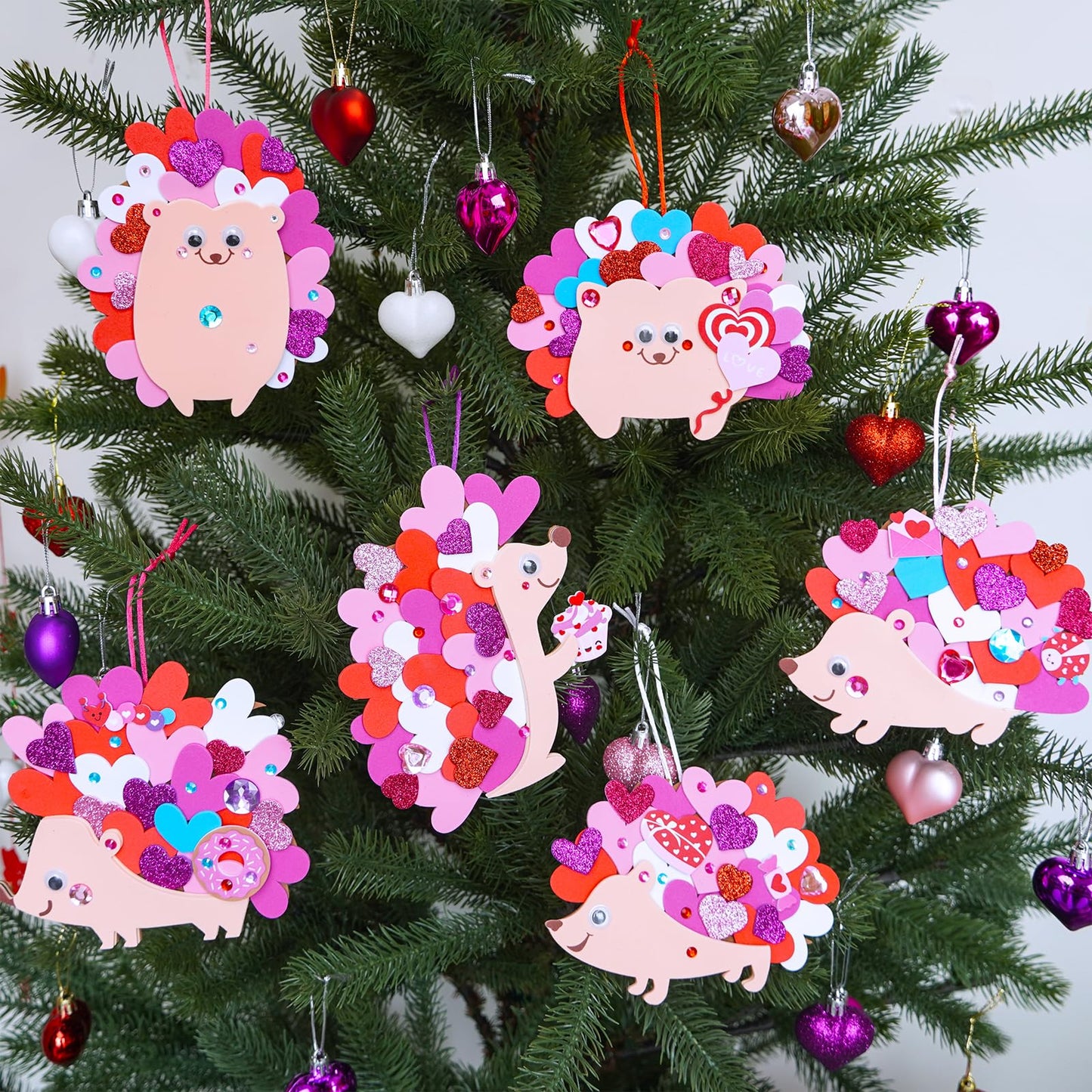 Winlyn 24 Sets Heart Hedgehog Ornaments Decorations Valentine Crafts Kits Hedgehog Art Sets Heart Foam Valentine Stickers for Kids Party Classroom Activities Gift Exchange