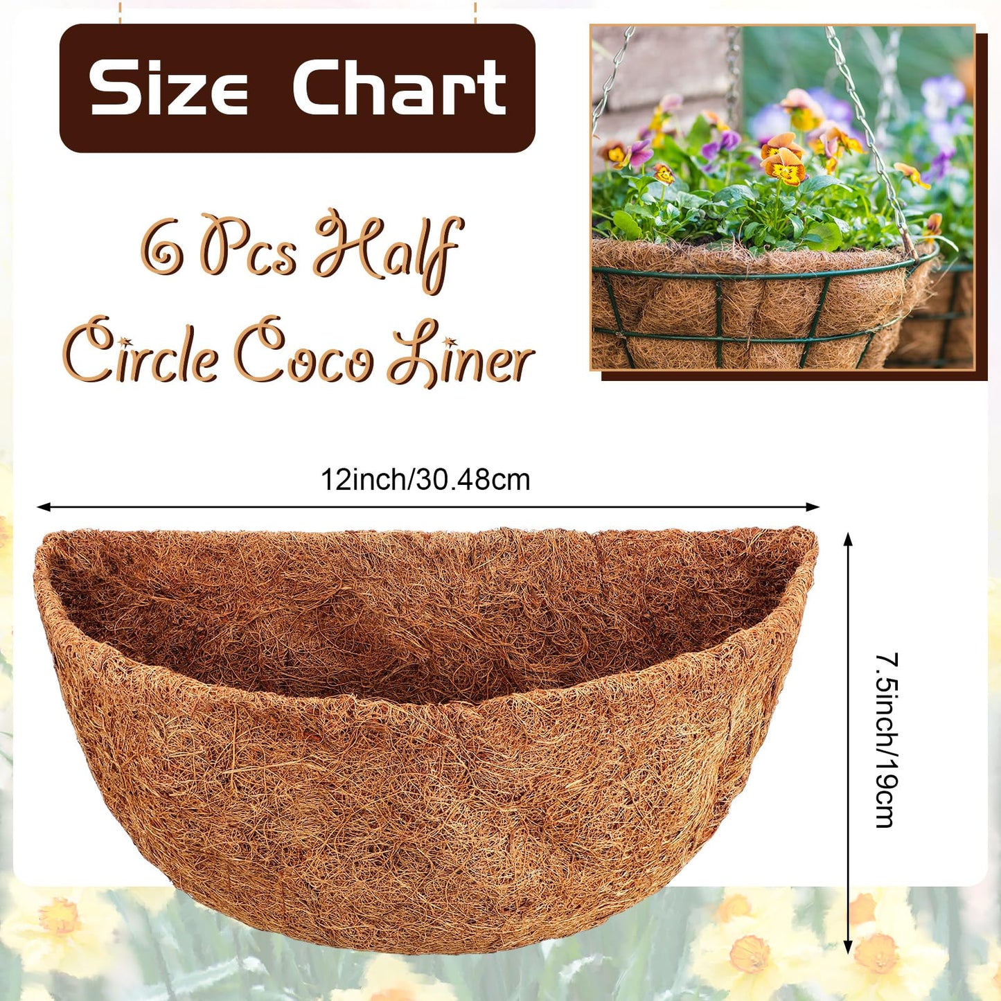 Singhoow 6 Pcs 12 Inch Half Round Replacement Coco Liner Half Circle Coconut Fiber Replacement Coco Liners Hanging Basket for Hanging Basket Wall Baskets Garden Planter Flower Pot