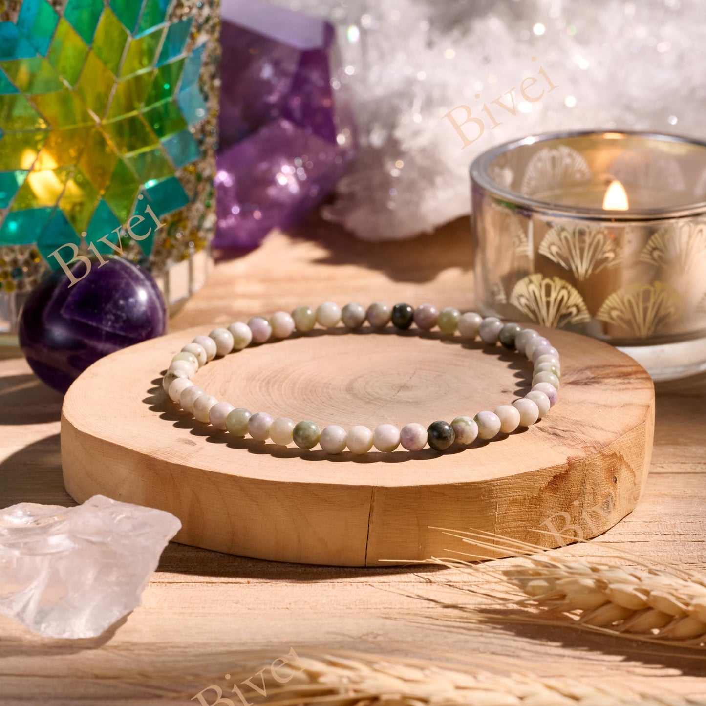 Bivei Peace Jade-Calm Harmony-4mm Beaded Bracelets for Women Handmade Semi Precious Natural Stone Stretch Elastic Jewelry Yoga Protection Gifts
