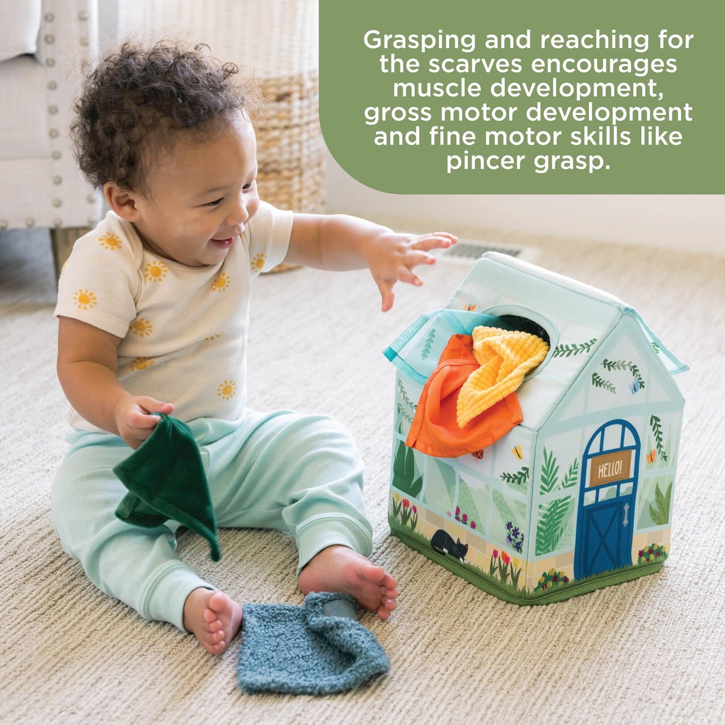 MindWare Sensory Sprouts Tissue Scarf - Montessori Toys for Babies 6-12 Months - Soft Greenhouse-Shaped Tissue Box and 12 Sensory Scarves Featuring Different Textures