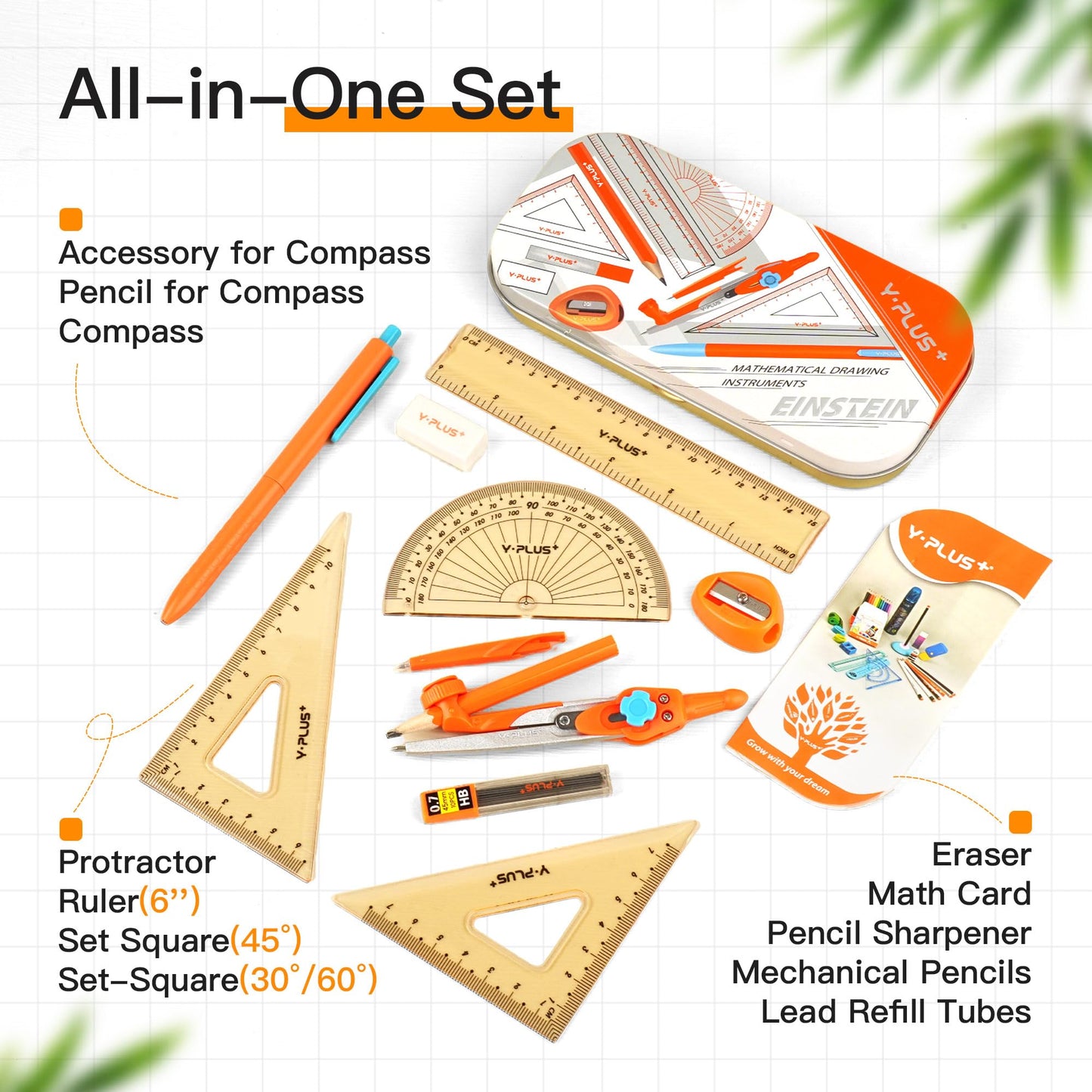 Geometry Set for Students, Compass Drawing Tool with Metal Case, Math Protractor for Kids with Protractor, Rulers, Metal Compass, Mechanical Pencil - 12 Pcs, Back to School Supplies for Students