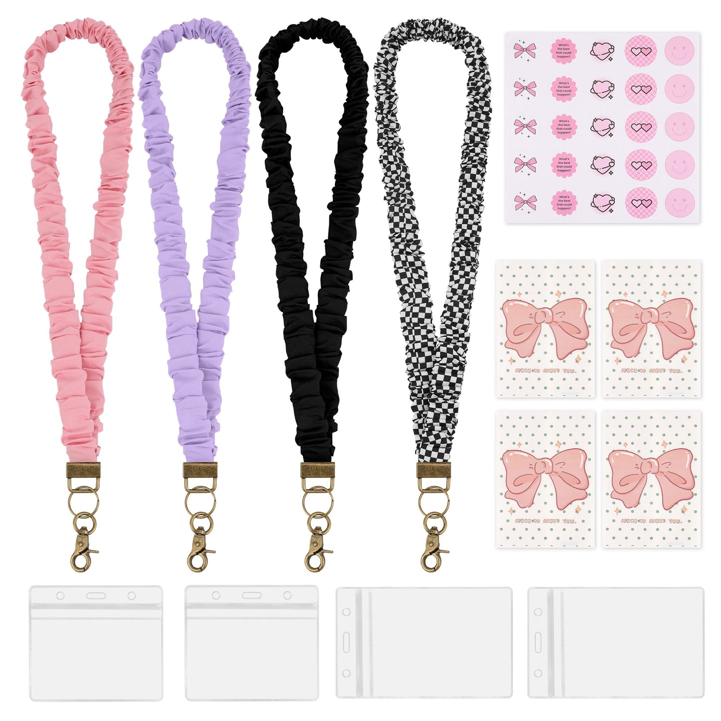 Catcan 4 Pcs Scrunchies Lanyards for ID Card, Badges Holder, Keys and Phone with 4 Pcs Clear Badge Holders, Adjustable Stretchy Lanyard for Teachers, Students, Office Staffs (19.6 Inches)