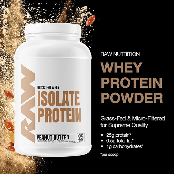 RAW Whey Isolate Protein Powder, Peanut Butter - 100% Grass-Fed Sports Nutrition Protein Powder for Muscle Growth & Recovery - Low-Fat, Low Carb, Naturally Flavored & Sweetened - 25 Servings