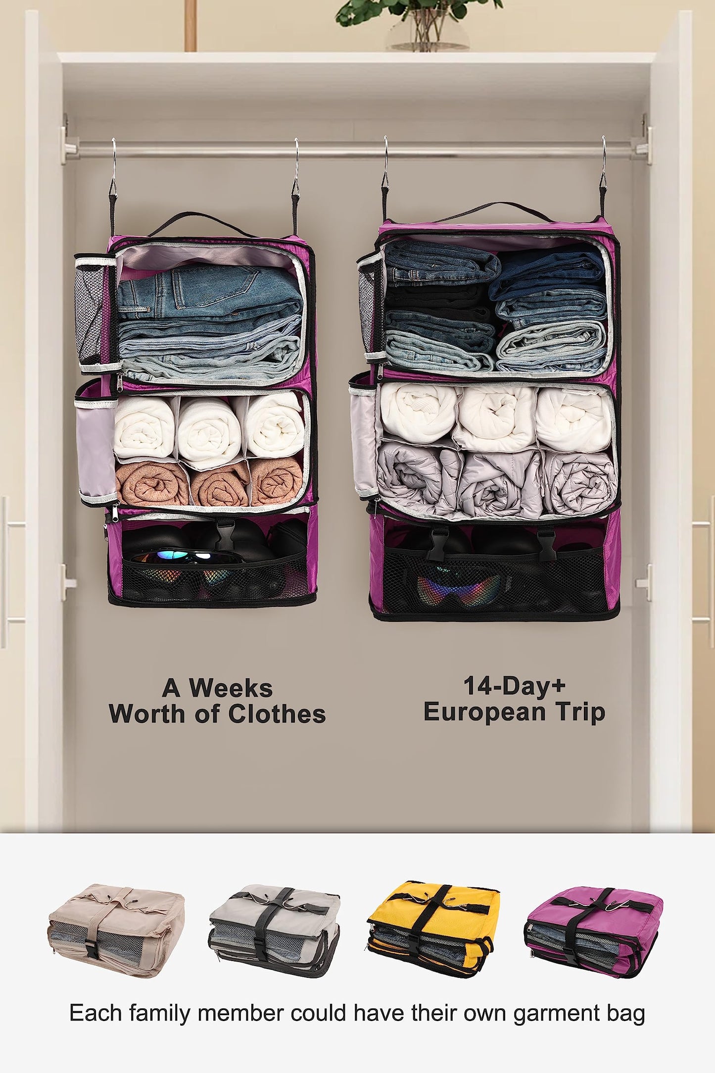ELEZAY Hanging Packing Cubes Portable Closet 3-Shelf Travel Collapsible Compression Garment Organizer for Carry-on Luggage Suitcase Space Saver Bag X-Large_No Side Pockets, Purple