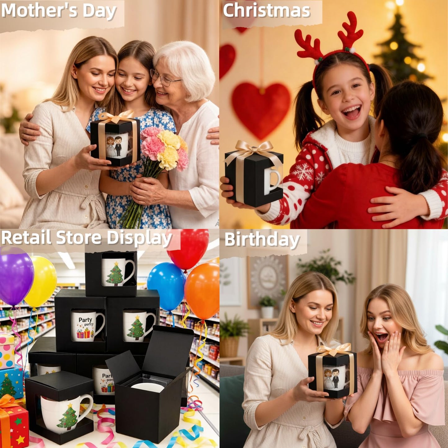AVLA 50 Pack Mug Boxes for Gifts, Black Sublimation Mugs Packaging Box, 11oz 12oz 15oz Coffee Mugs Boxes with Window for Wrapping Birthdays Wedding Anniversaries Christmas